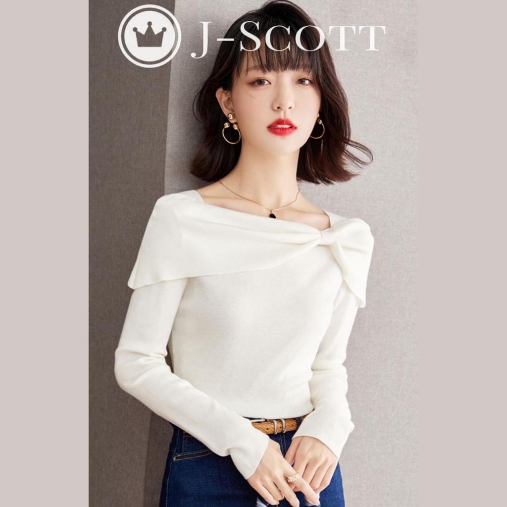 Boat Neck Knit Top with Ribbon Slim J-Scott Motif, Lightweight, Soft, Fit, 1/4 Sleeves, White, JS112-WH-L