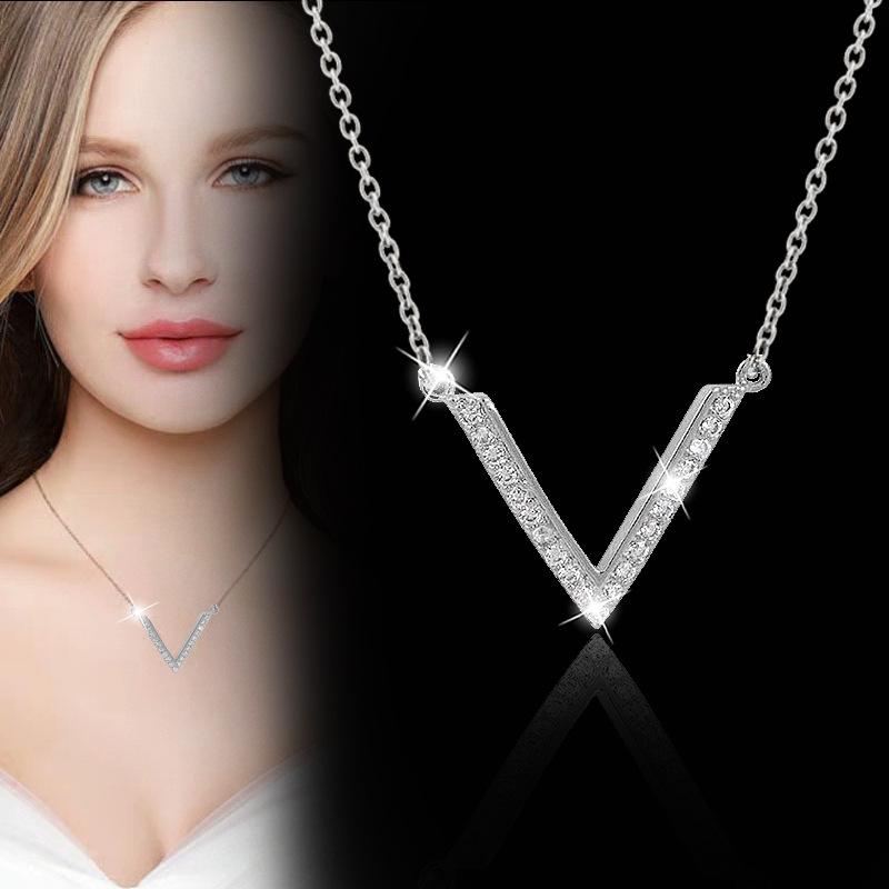 True Gold Plating Diamond V -shaped Pendant Clavicle Chain Rose Gold Necklace Female