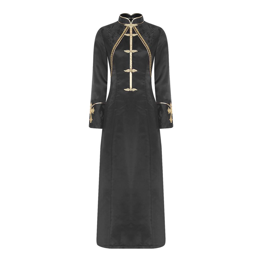 Womens Clergy Long Robe Dress Gold Cross Embroidery Lace Button Decor Stand Collar Long Sleeve Cassock