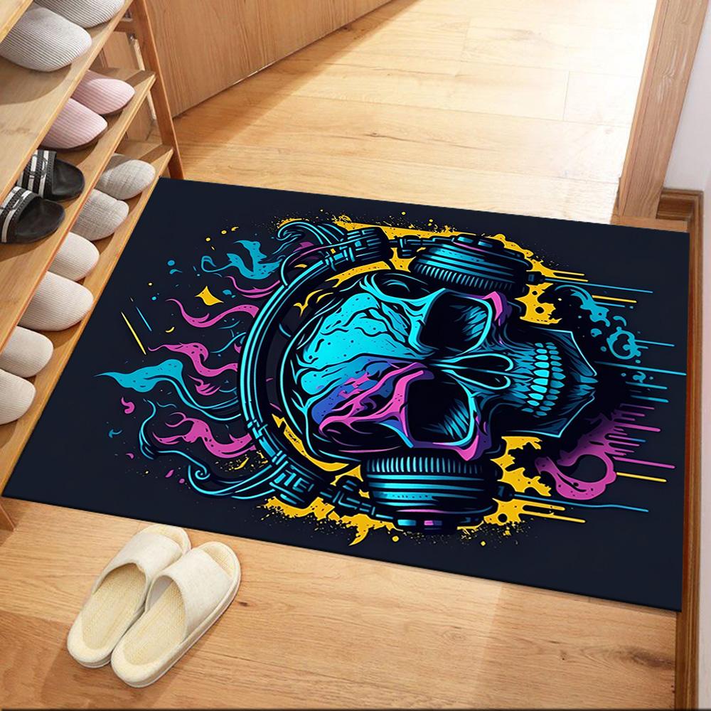 Skull With Headphones And Flames Floor Mats for Living Room, Bedroom and Room Decoration Are Suitable for Gifts.
