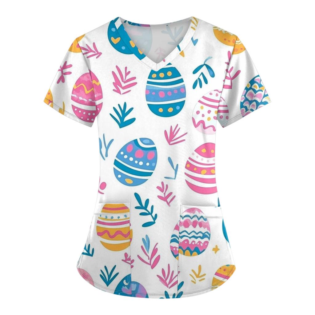 Женские модные комбинезоны с коротким рукавом и V-образным вырезом, с карманами, пасхальные топы с принтом, одежда