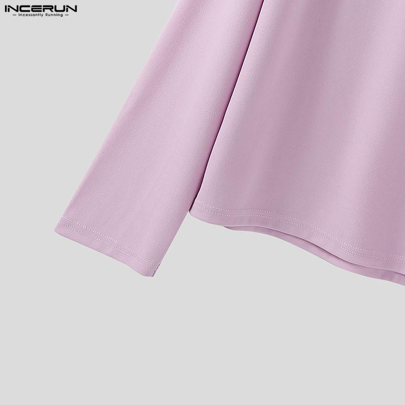 INCERUN Мужские футболки оверсайз с лацканами, длинным рукавом, однотонные, свободные, повседневные