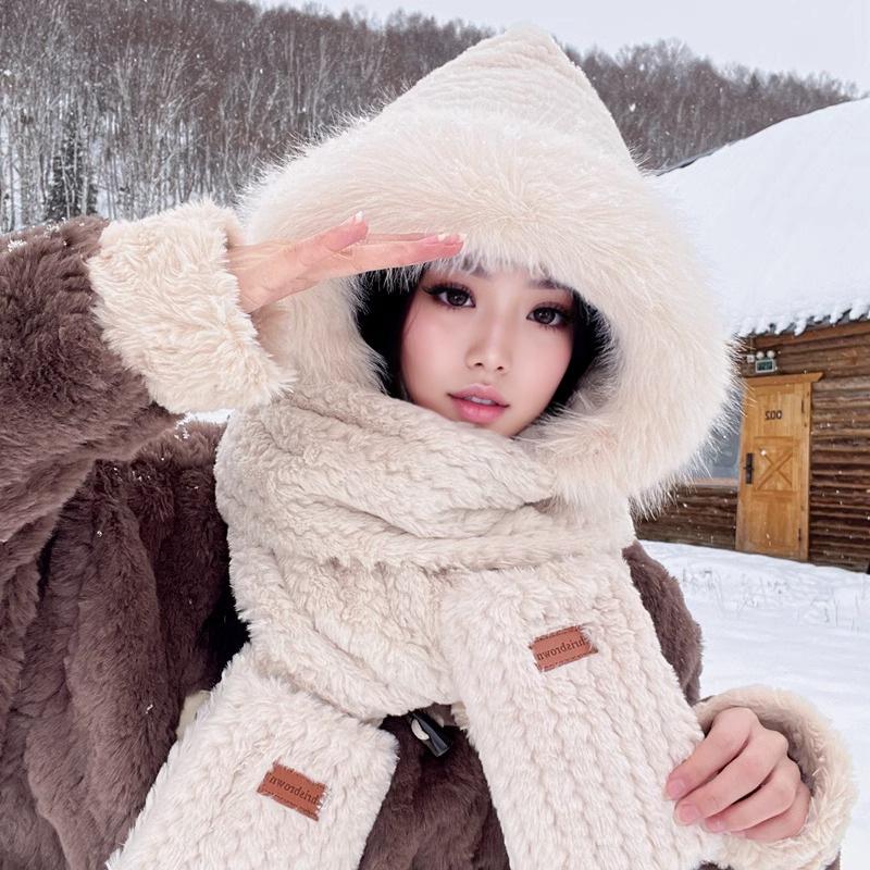Женский зимний комплект из плюша «все в одном»: Шапка-медведь с шарфом и перчатками — корейский стиль велоспорта на открытом воздухе