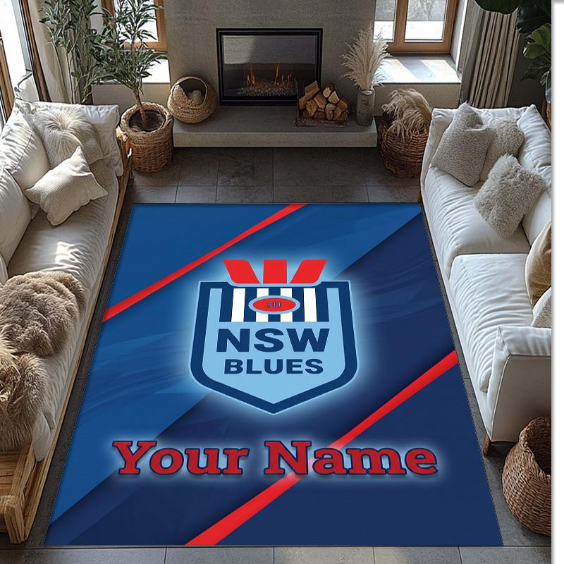 NSW Blues logo Crystal Velvet Rug, Custom Name Text Personalized Non‑Slip Floor Mat for Home Decor Gift