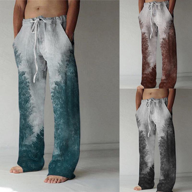 Retro 3D Printed Men's Casual Pants Harajuku Street Trendy Men's Linen Loose Leg Pants Casual High Waisted Drawstring Pants