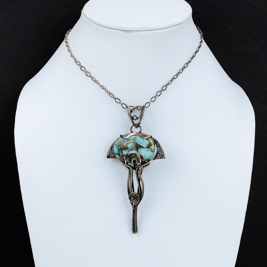 Медный амазонитовый кулон, обернутый медной проволокой, драгоценный камень, амазонит, ювелирное изделие, кулон для женщин, кулон ручной работы, медные украшения для подарка