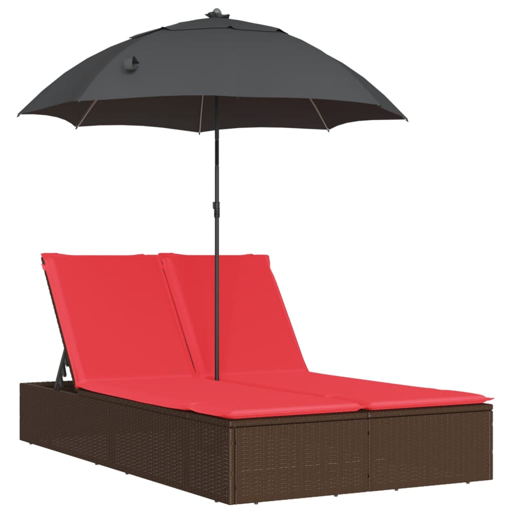 Double Sun Lounger with Cushions & Sun Umbrella Brown Poly Rattan