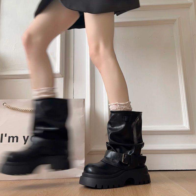 Small Inner Height Increase Martin Boots Women's Pleated Stacking Boots Retro Thick Heel Western Cow Black Versatile Soft Sole