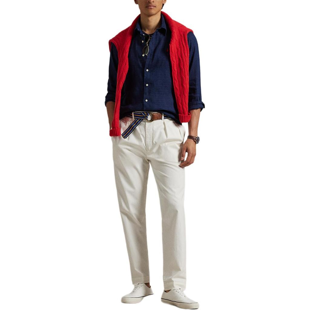 Polo Ralph Lauren Льняная однотонная рубашка с широким воротником и длинными рукавами, классического кроя, мужская, темно-синяя MNPOWOV16824374-410