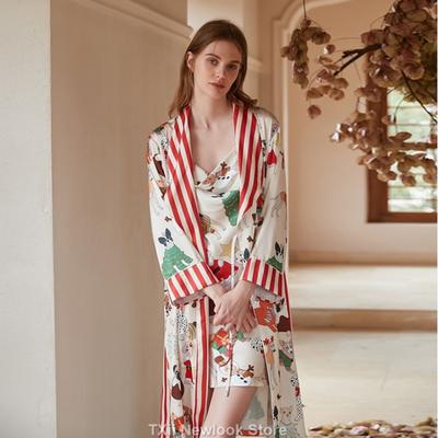Новые пижамы для женщин, осенняя пижама Ice Silk с длинными рукавами, весенние и осенние тонкие халаты с принтом