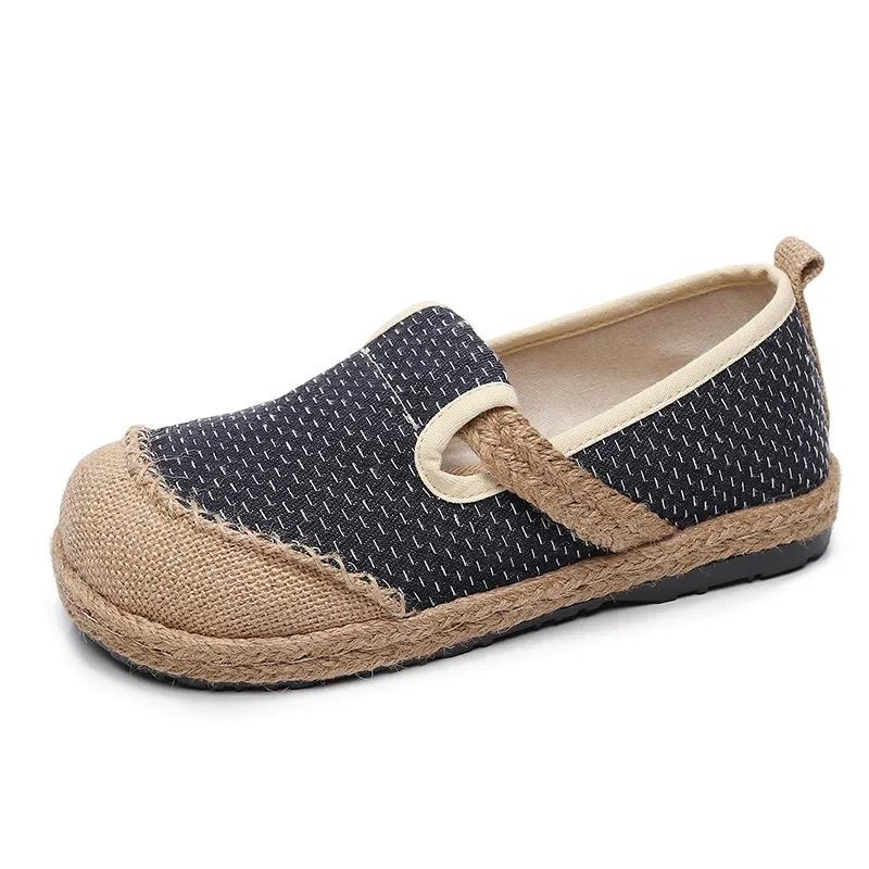 Мода Женщины Полосатые Льняные Холщовые Балетки Веганская Пенька Удобные Дамские Повседневные Эспадрильи Лоферы Серый Синий 2024