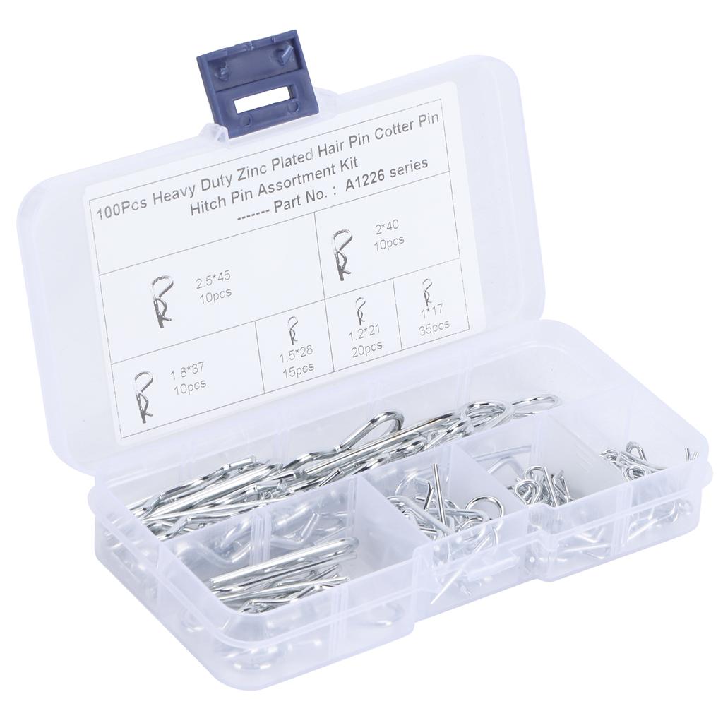 100 шт. шплинтов R, зажимы для тракторных штифтов с пластиковой коробкой, набор зажимов для крепления