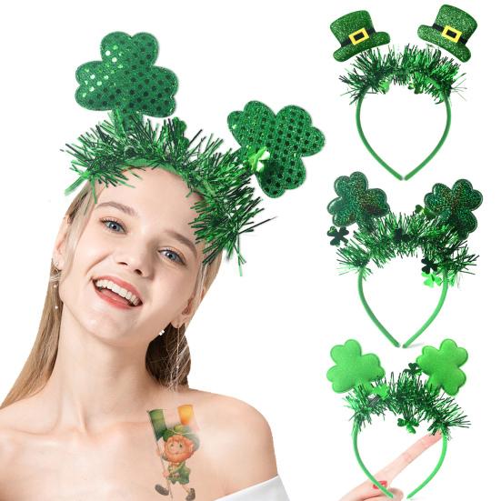 St. Patrick's Day Headband Glitter Shamrock Top Hat Hair Hoop Festive Clover Hairband for Women Girls Boys Parties Events Dress Up