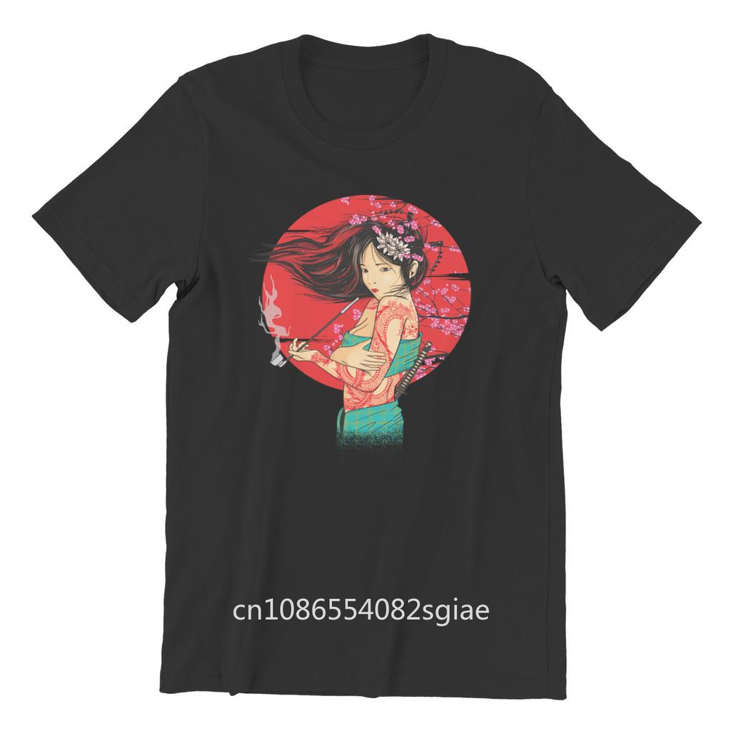Men's T-shirt The geisha Custom Black Cute Men Cotton Tshirt Tees Tops Anime Harajuku Streetwear