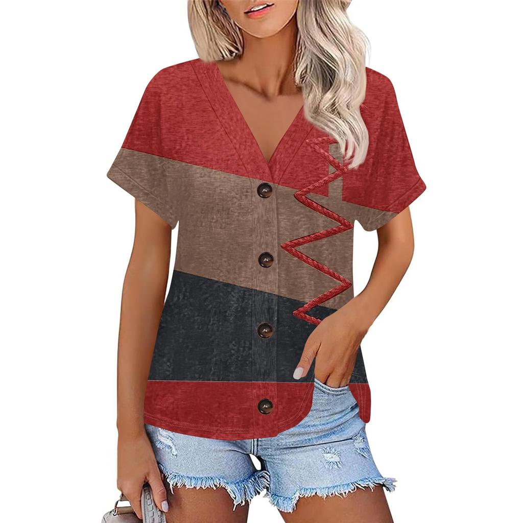 Женская модная футболка с короткими рукавами и V-образным вырезом, цветным принтом в стиле пэчворк, на пуговицах