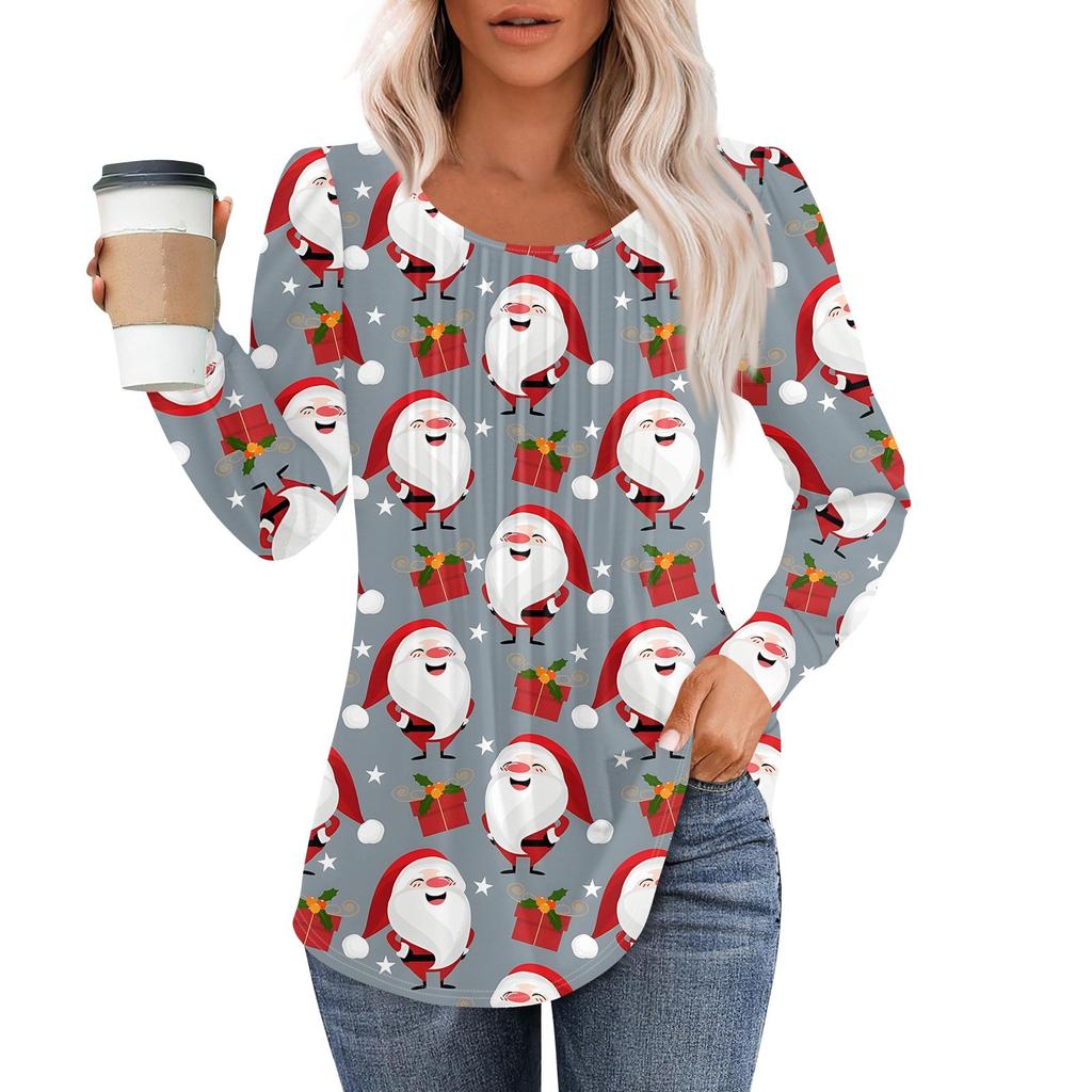 Рубашки с длинным рукавом для женщин, топы, нарядные повседневные блузки с рождественским принтом, плиссированные туники с круглым вырезом