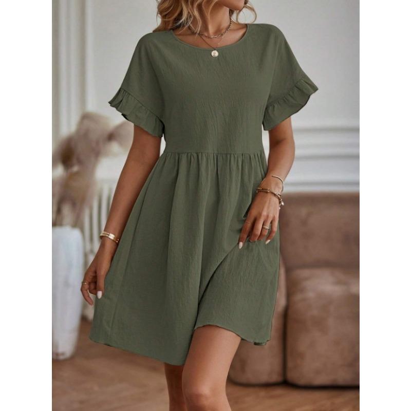 Women's Fashion Summer Spring Solid Color Print Short Sleeve O-Neck Loose Waistline Casual Dresses