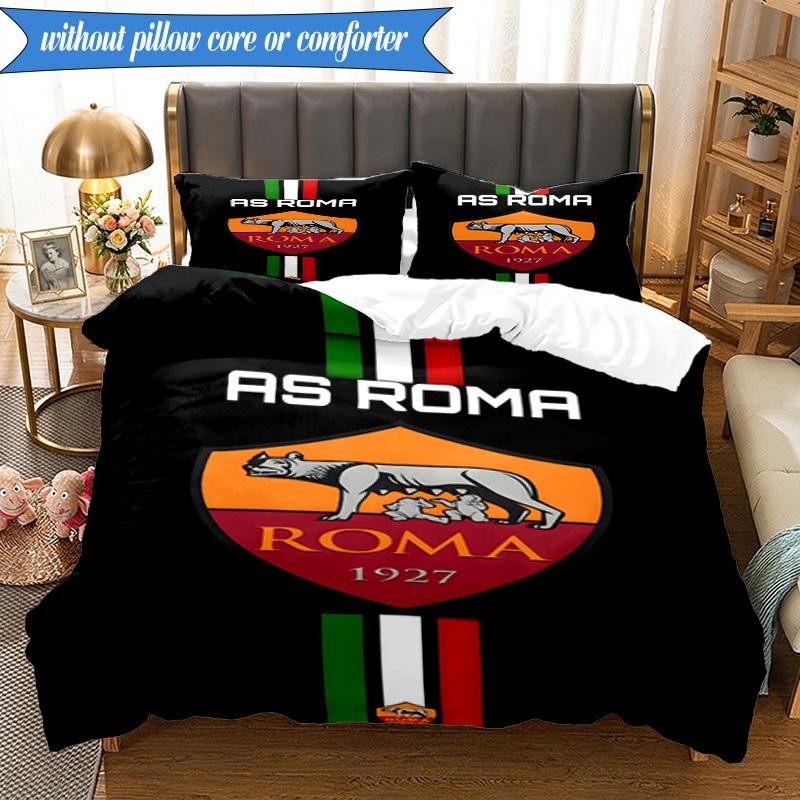 3PCS AS Roma1 Football club Printed Soft Bedding Set,Including 1pc Duvet Cover And 2pcs Pillowcases Perfect for Bedroom, Dormitory, Fan gift