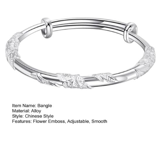 Женский браслет с цветочным тиснением, сплав серебряного цвета, китайский стиль, регулируемый, гладкий, полированный, на запястье, подарок на годовщину дня рождения, легкий браслет