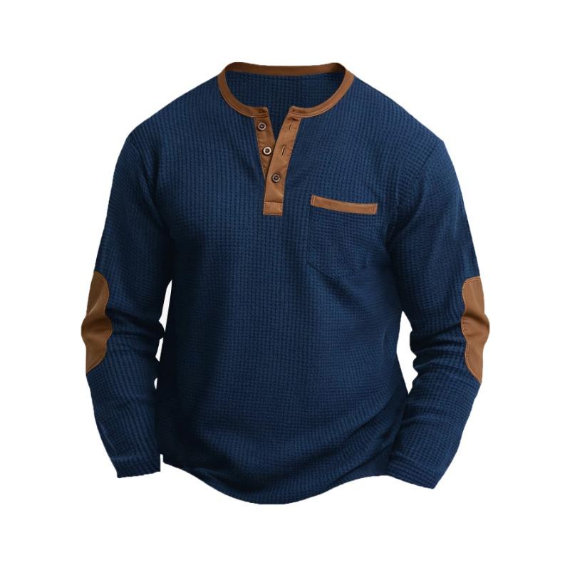 Мужская вафельная рубашка-henley с длинным рукавом, контрастный кожаный карман на груди, заплатки на локтях, повседневный топ