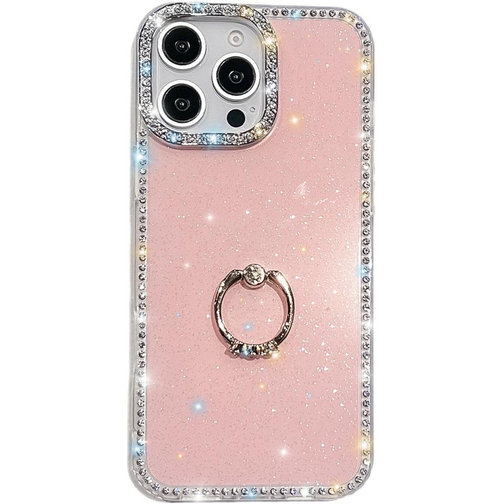 For iPhone 15 Pro Case with Ring Kickstand Rhinestone Edge TPU+PC IMD Phone Cover