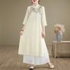 New Chinese Embroidered Cotton and Linen Dress for Women's 2025 Summer New Loose Temperament Stand-up Collar Seven-quarter Sleeve Medium and Long
