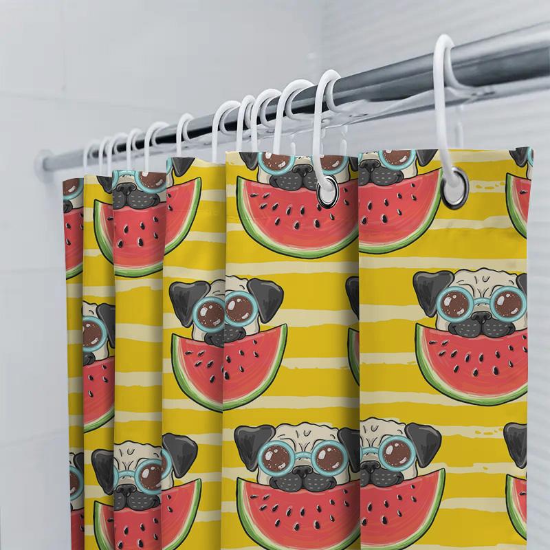 Whimsical Pug Watermelon Shower Curtain for Bathroom Decor Customizable Size Printed with HD Quality Fabric Yellow Series (240cm