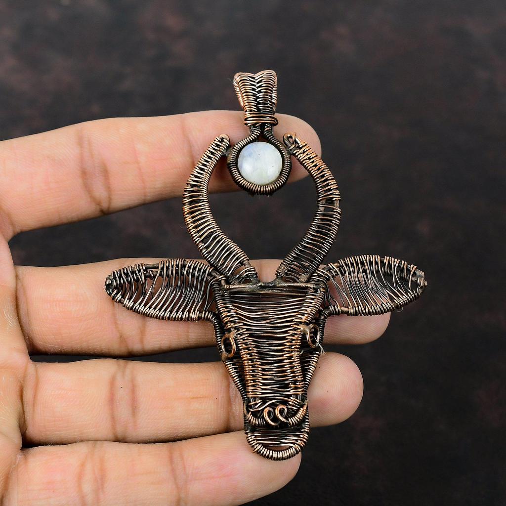 Подвеска Rainbow Moonstone, медная проволочная обертка, драгоценный камень, ювелирное изделие, кулон ручной работы, уникальное медное ювелирное изделие, кулон в виде головы быка, подарок для него