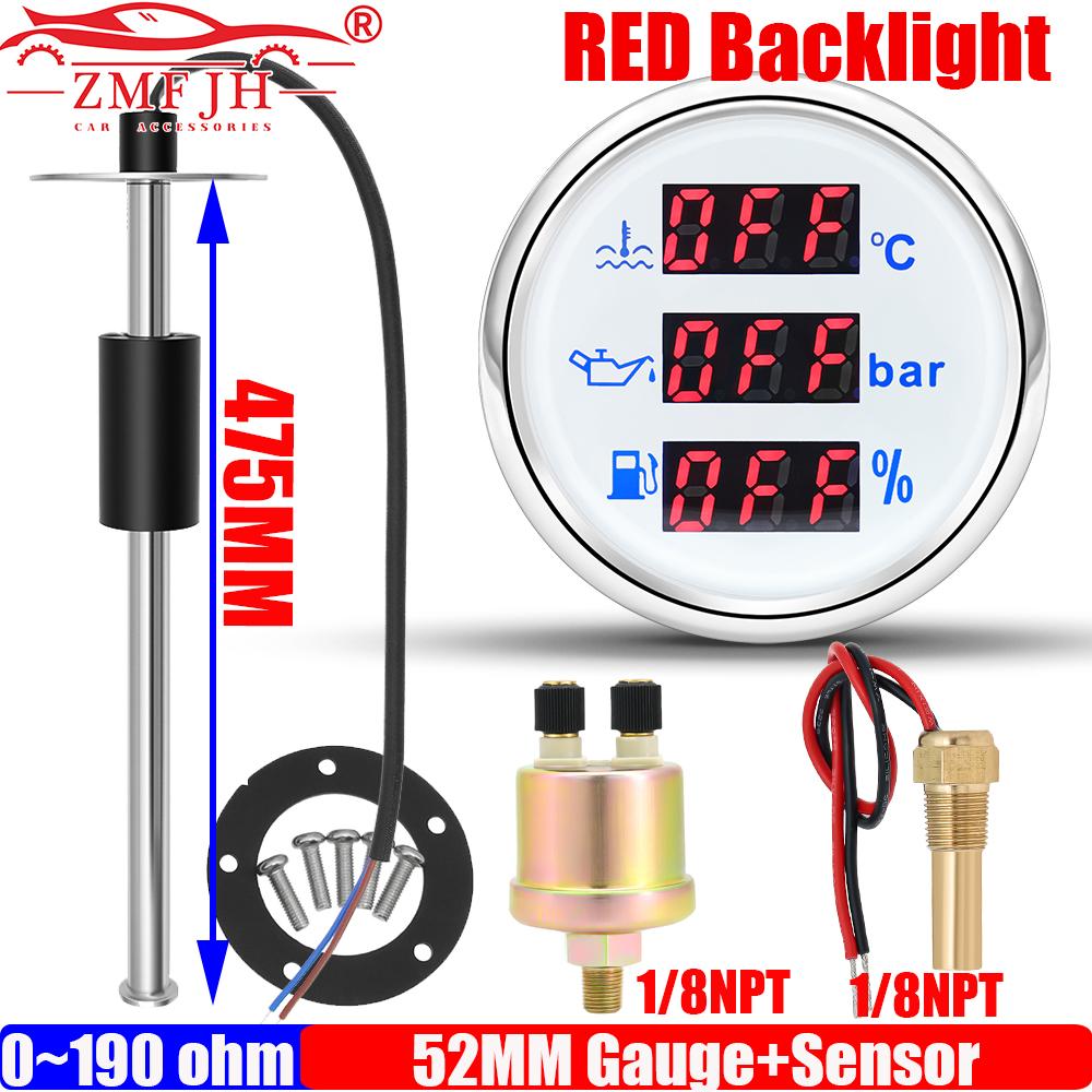 ZMFJH Multi 52MM Gauge Digital Water Temperature+Oil Pressure Meter+Fuel Level Gauge with Alarm Red Light Oil Sensor 100-550mm