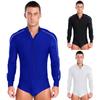 Mens Latin Dance Shirt Raglan Sleeve Stand Collar Button Front Sparkly Rhinestone Leotard Competition Costume