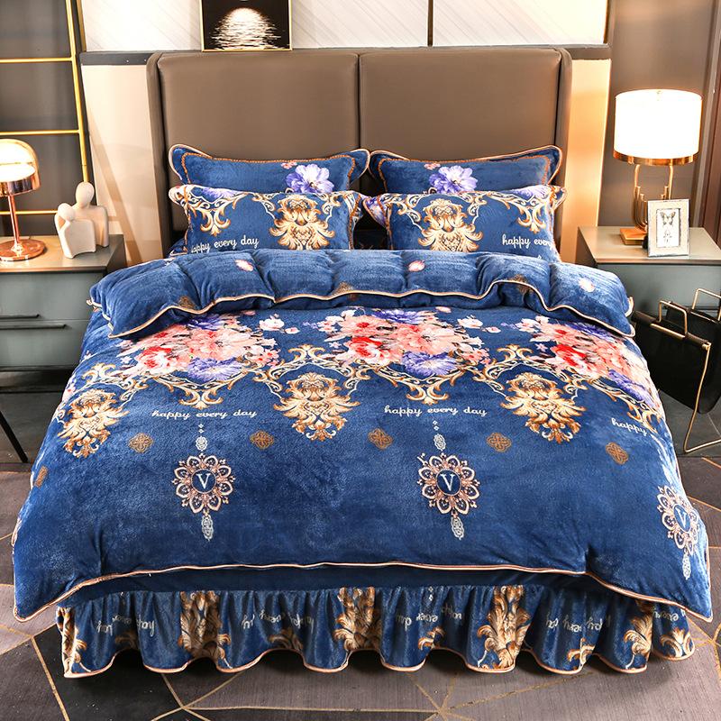 Комплект из 4 предметов плюшевого осенне-зимнего комплекта из утолщенного теплого флиса, простыни, пододеяльника с принтом, подзора для кровати, комплект для дома