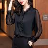Elegant Women Chiffon Shirt Korean Blouse Office Lace Mesh Long Sleeve Ruffles V NeckTops Casual Vintage Pullovers Blusas