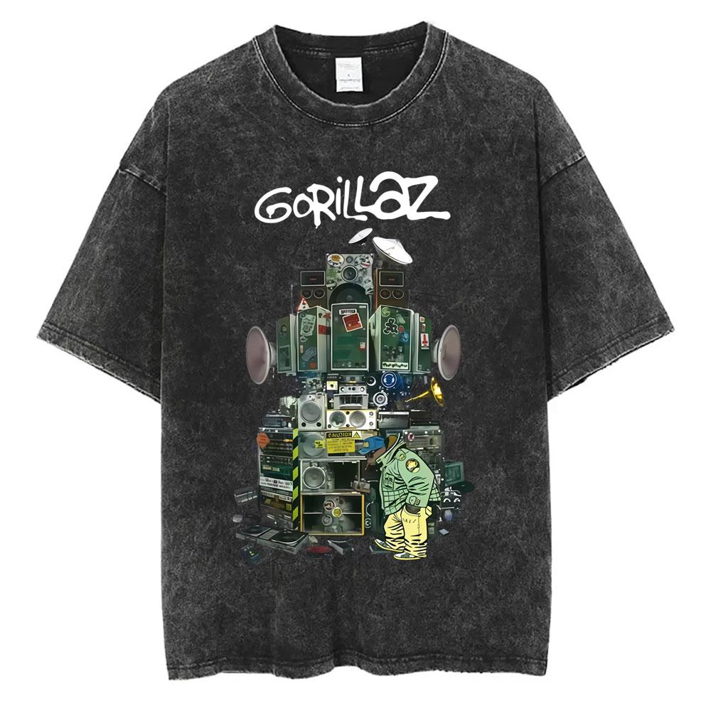 Стирка Винтажные Футболки с Графикой Рок-Группы Gorillaz Альбом The Now Now Мужская Женская Одежда Хип-Хоп Панк Оверсайз Футболки с Круглым Вырезом