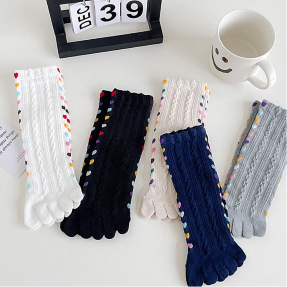 Хлопковые носки с пятью пальцами, вышитые сердцами, носки средней длины, повседневные, весна