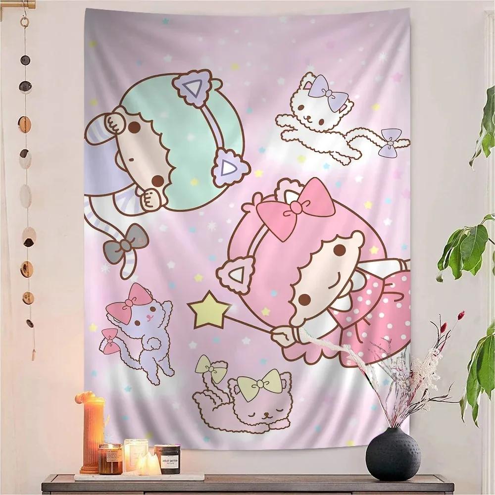 Sanrio Gemini Twin Stars Colorful Tapestry Wall Hanging Hippie Flower Wall Carpets Dorm Decor Wall Kawaii room decoration