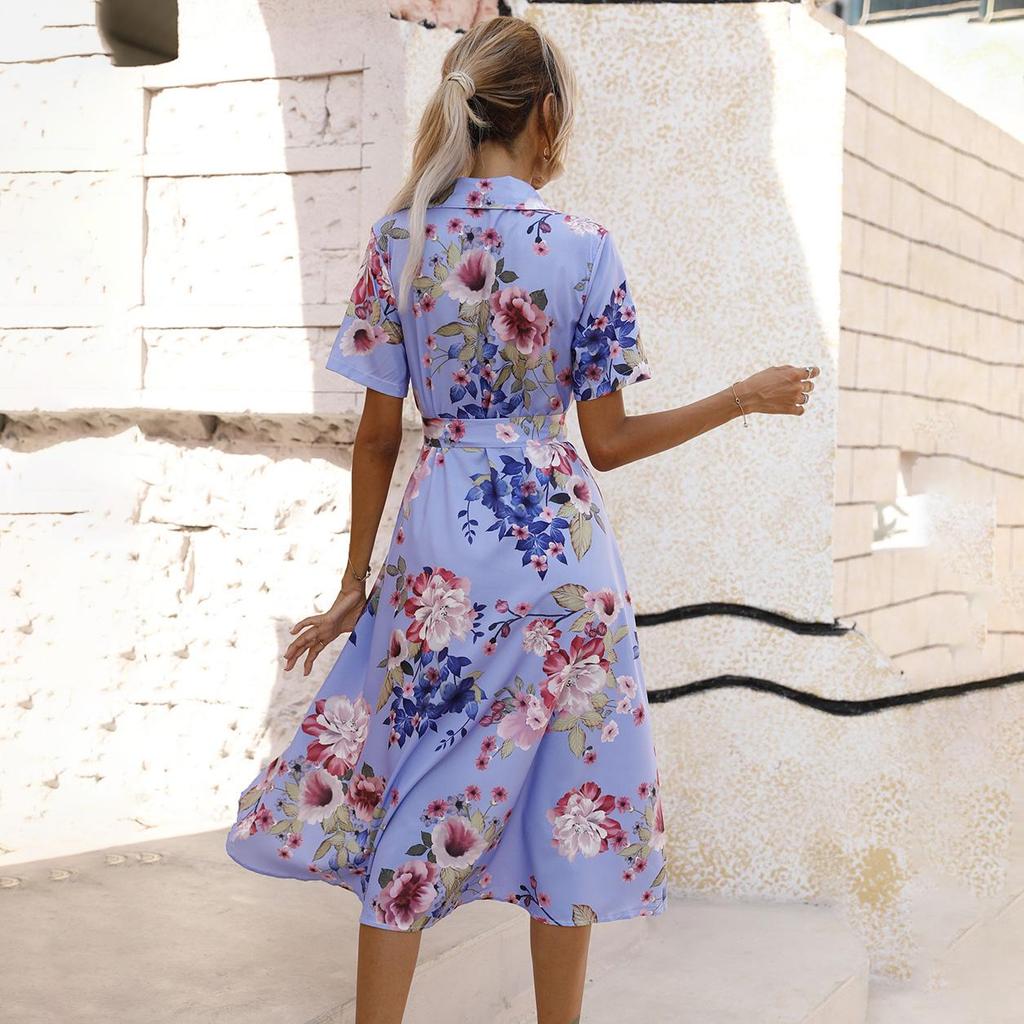 Women's Summer Ethnic Printed Short Sleeve High Waist A Line Lace Up Dress