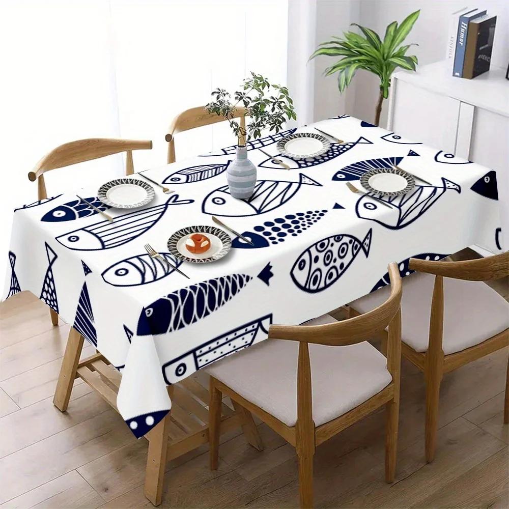 Simple-line blue small fish pattern tablecloth - suitable for picnics, camping, weddings, parties, festivals, etc.xzj