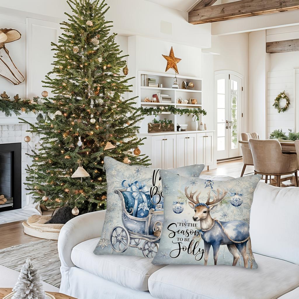4pcs Winter Christmas Pillow Covers, Double-Sided Print Blue Xmas Design with Snowflakes, Santa & Reindeer, Farmhouse Style, Sizes 16/18/20 Inches. In