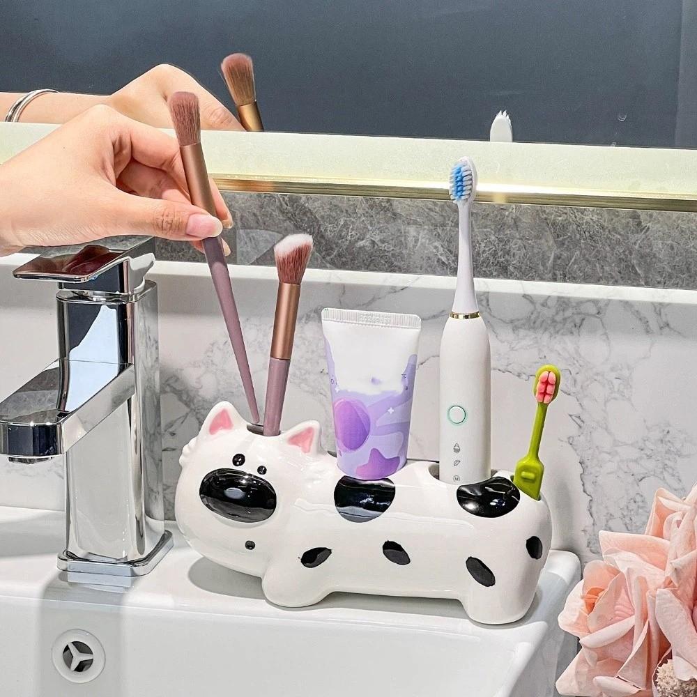 Ceramic Dog Shaped Toothbrush Holder 4 Slots Toothbrush Storage Rack Washbasin Organizer