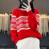 Женский красный шерстяной свитер с круглым вырезом, color block - Толстый, свободный, повседневный трикотаж для осени и зимы