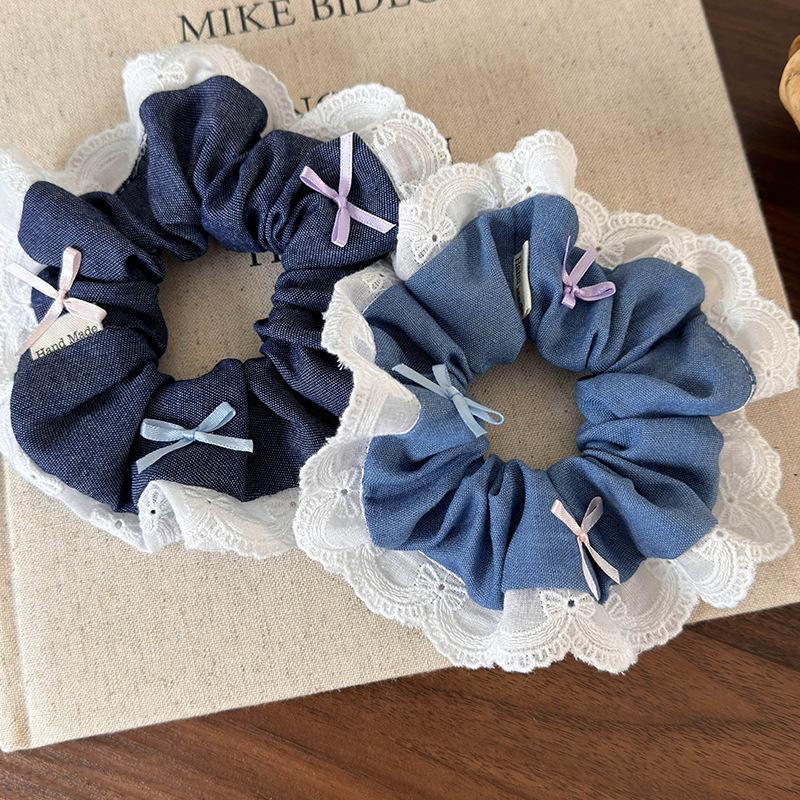 Fashion Colorful Bow Denim Splicing Lace Hair Scrunchies Headband Women RetroTemperament Hair Rope Girl Tie Ponytail Rubber Band