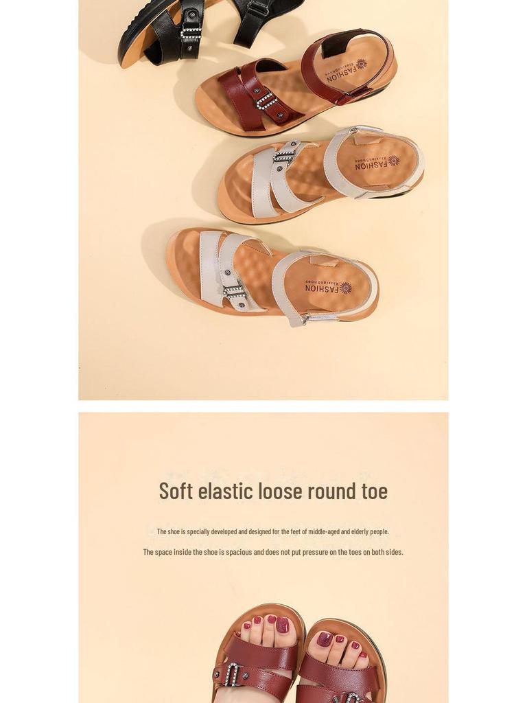 2025 Women's Genuine Leather Soft Bottom Sandals - Air Cushion Comfort for Middle-Aged & Elderly, Large Size Summer Footwear
