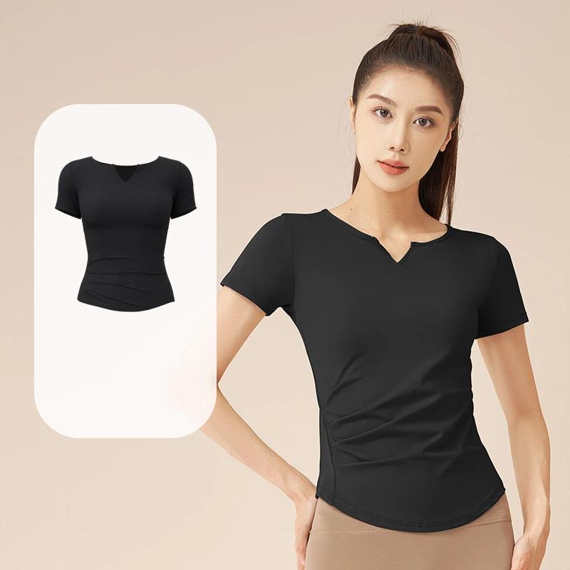 New Summer Running V-neck Yoga T Shirt Female Short sleeved Naked Quick drying Fitness Pleated Sports Top for Women