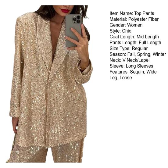 Женская рубашка с пайетками, брюки, лацкан, V-образный вырез, мешковатая, с длинным рукавом, средняя длина
