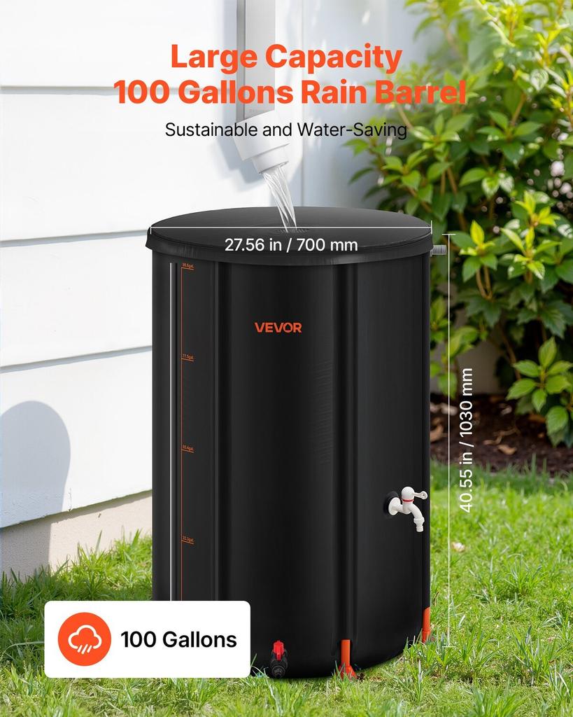 Collapsible Rain Barrel, 380 L Portable Rain Water Collection Barrel, 1000D PVC Rainwater Collection System, Garden Water Catcher Tank Storage