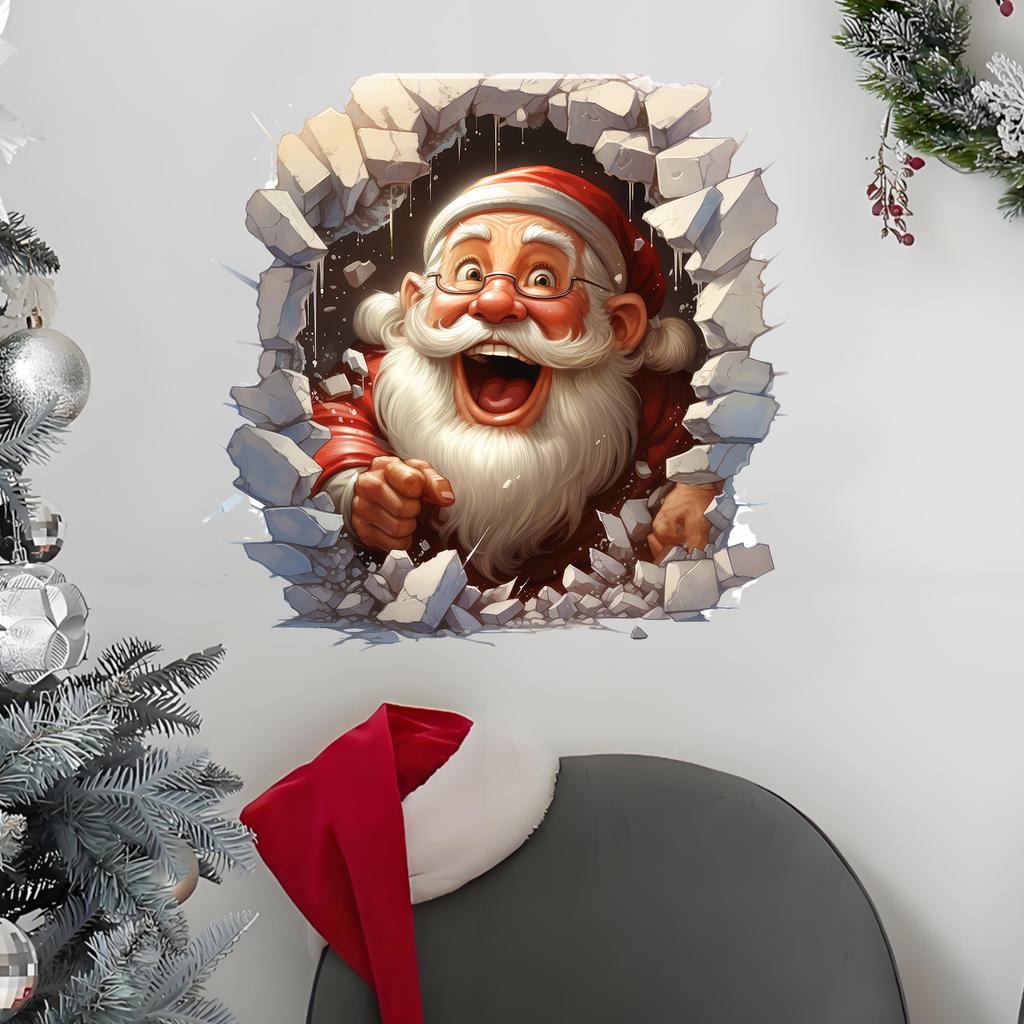 40cm 3D Breaking Wall Christmas Decals Santa Claus Snowman PVC Self Adhesive Stickers for Living Room Bedroom Holiday Decor