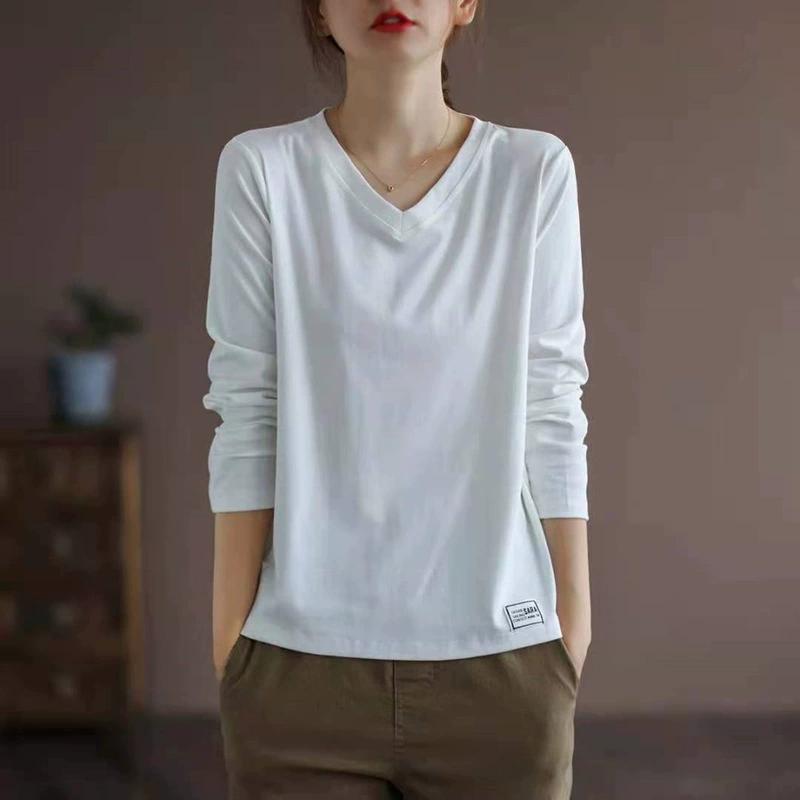 2025 Solid Color Long Sleeved T-shirt Women's Plus Size Women's Loose Base Shirt Top Trend