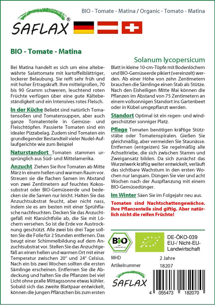 SAFLAX Garden in the Bag - Органический - Помидор - Матина - 10 семян - С субстратом в подходящем пакете - Solanum lycopersicum
