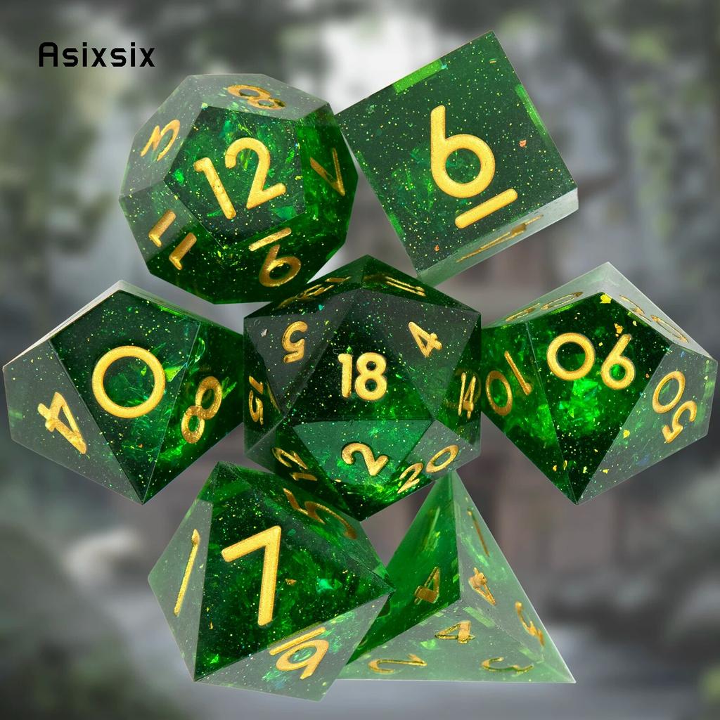 7 шт. зеленый золотой номер с острыми краями, смоляные кубики, многогранные кубики, подходящие для ролевых ролевых игр, настольная игра