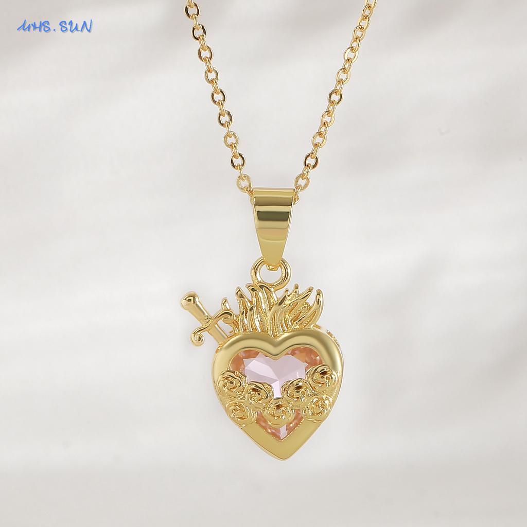 MHS.SUN Gold Plated Sacred Heart of Jesus Cross Necklace Red Zircon Religious Catholic Pendant Necklaces For Women Girls Jewelry